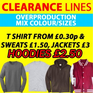 Clearance Line Mix sizes, styles in T shirts, sweats and jackets