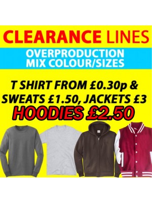 Clearance Line Mix sizes, styles in T shirts, sweats and jackets