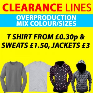 Clearance Line Mix sizes, styles in T shirts, sweats and jackets