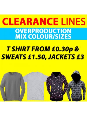 Clearance Line Mix sizes, styles in T shirts, sweats and jackets
