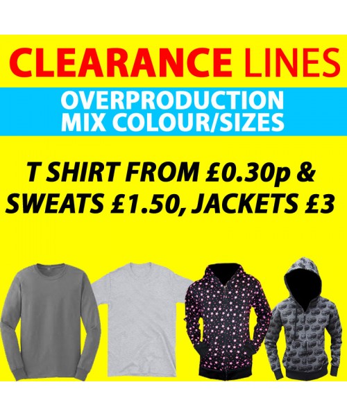 Clearance Line Mix sizes, styles in T shirts, sweats and jackets