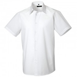 Plain Poplin Shirt Short Sleeve Tailored Russell White 110 gsm Cols 115 GSM