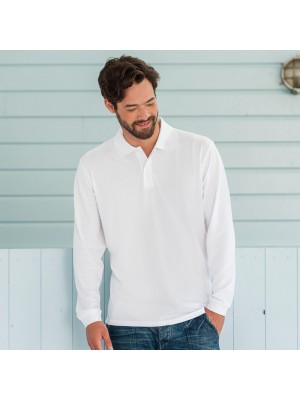 Plain Polo Shirt Long Sleeve Pique Russell White 195 gsm Cols 200 GSM