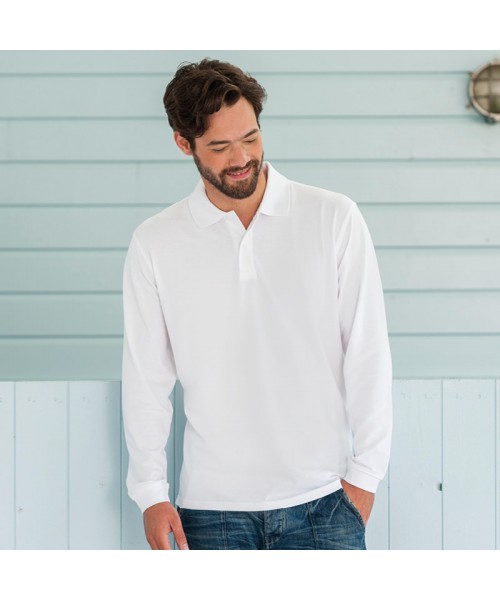 Plain Polo Shirt Long Sleeve Pique Russell White 195 gsm Cols 200 GSM