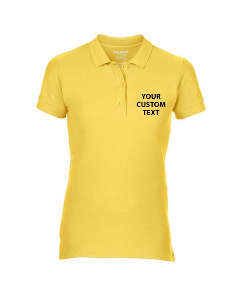 Personalised Polo Shirts Ladies Premium Cotton Double Pique Gildan White 211gsm, Colours 220gsm with custom text Embroidery or logo