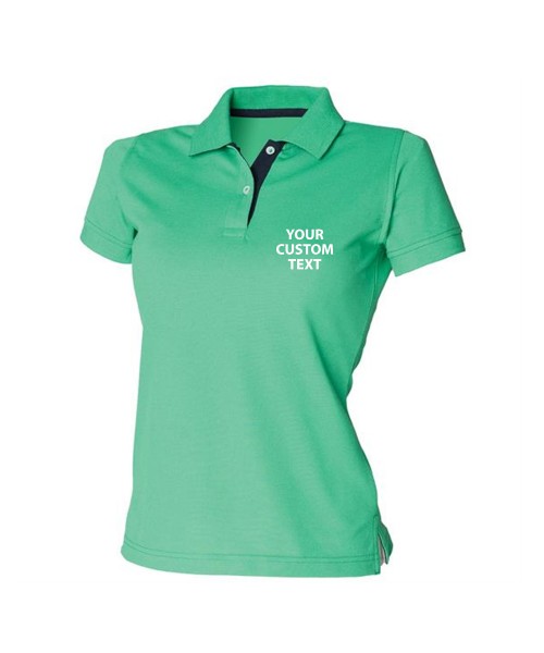 Personalised Polo Shirts Ladies Contrast 65/35 Pique Henbury 200gsm with custom text Embroidery or logo