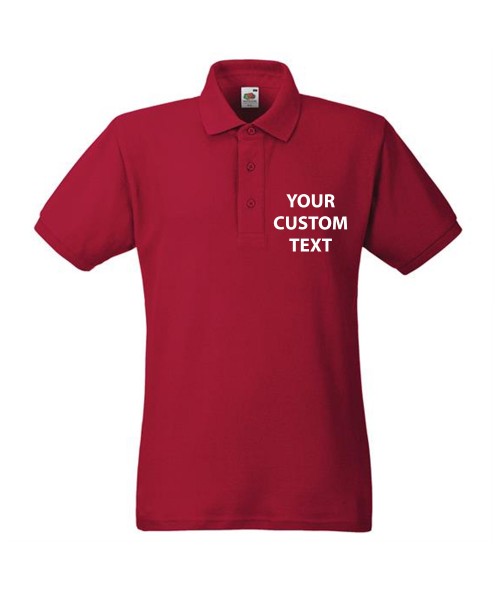 Personalised Polo Shirts Heavy Pique Fruit of the Loom White 230gsm, Colours 240gsm with custom text Embroidery or logo