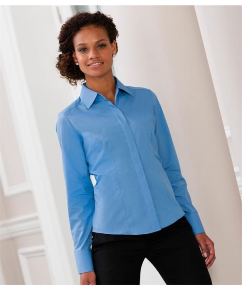 Plain COLLECTION LADIES LONG SLEEVE FITTED POPLIN SHIRT RUSSELL White 115, Colours 110 GSM